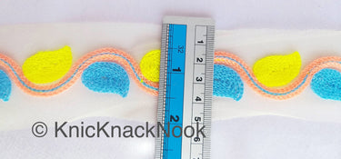 Beige Net With Yellow, Blue And Orange Embroidery, Leaves Pattern Trim